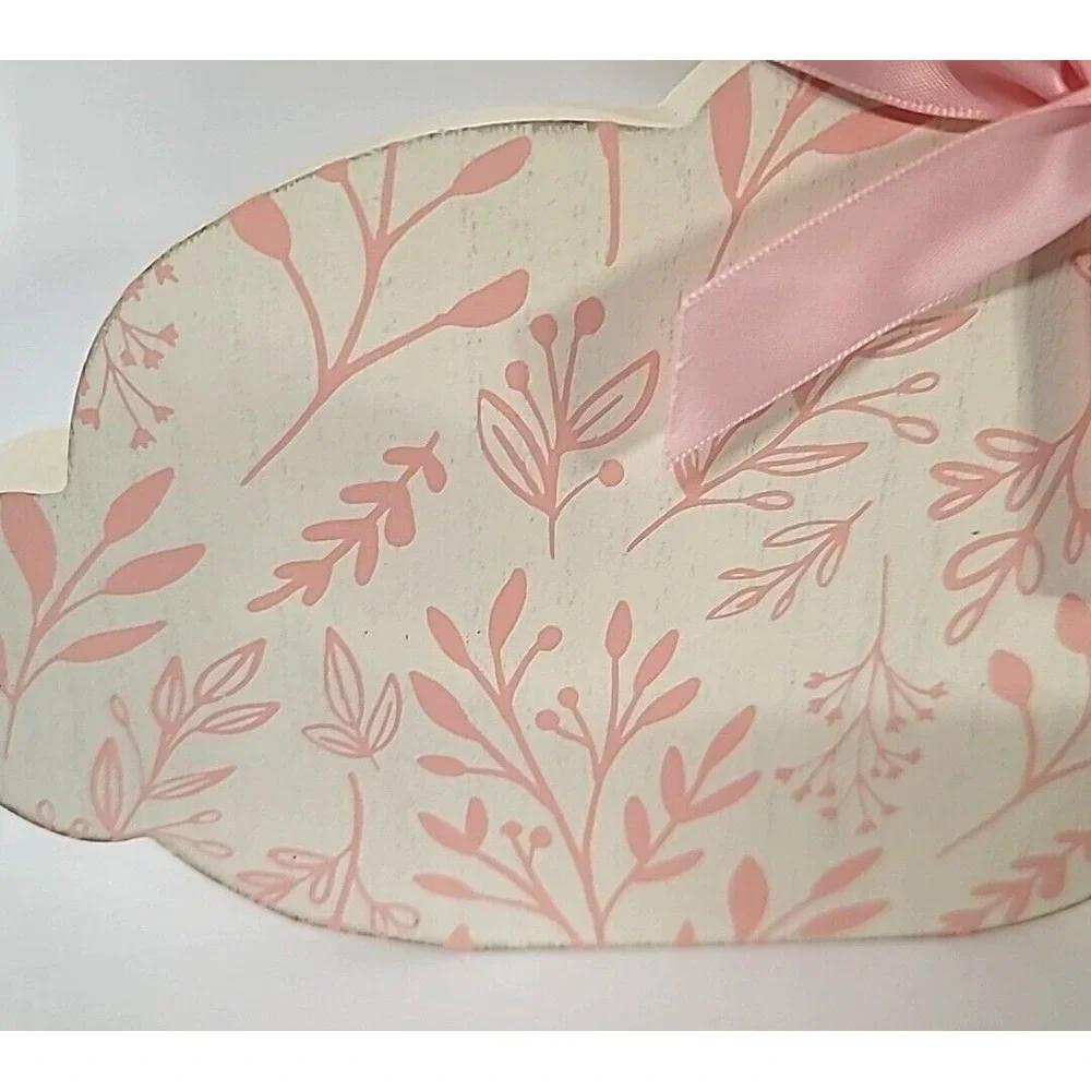 Wooden Pink Easter Bunny Silhouette with Floral Print & Pink Bow‎ 10-5/8